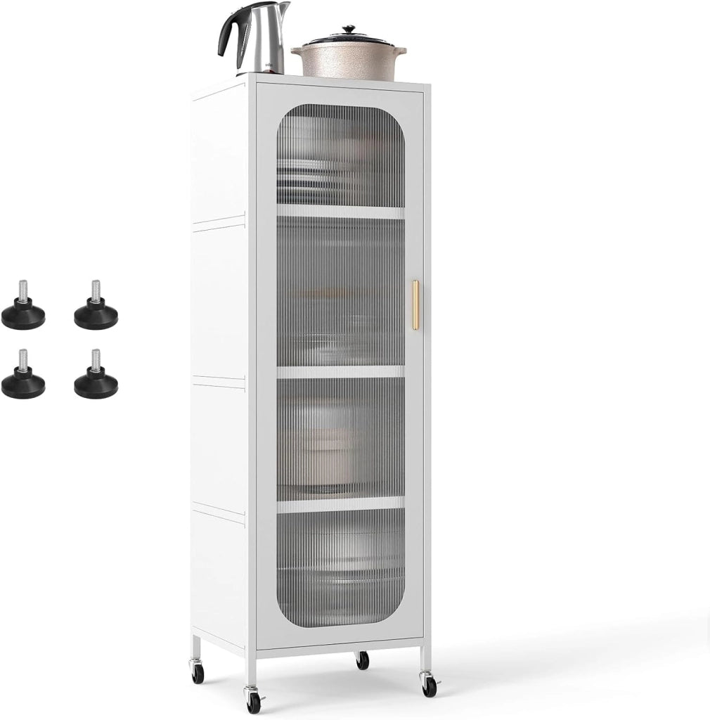 Armadietto da cucina con rotelle, 5 ripiani a buffet con ripiani regolabili, Mobile alto con anta trasparente, armadio multiuso per sala da pranzo, soggiorno, 45 x 40 x 141 cm (nero)
