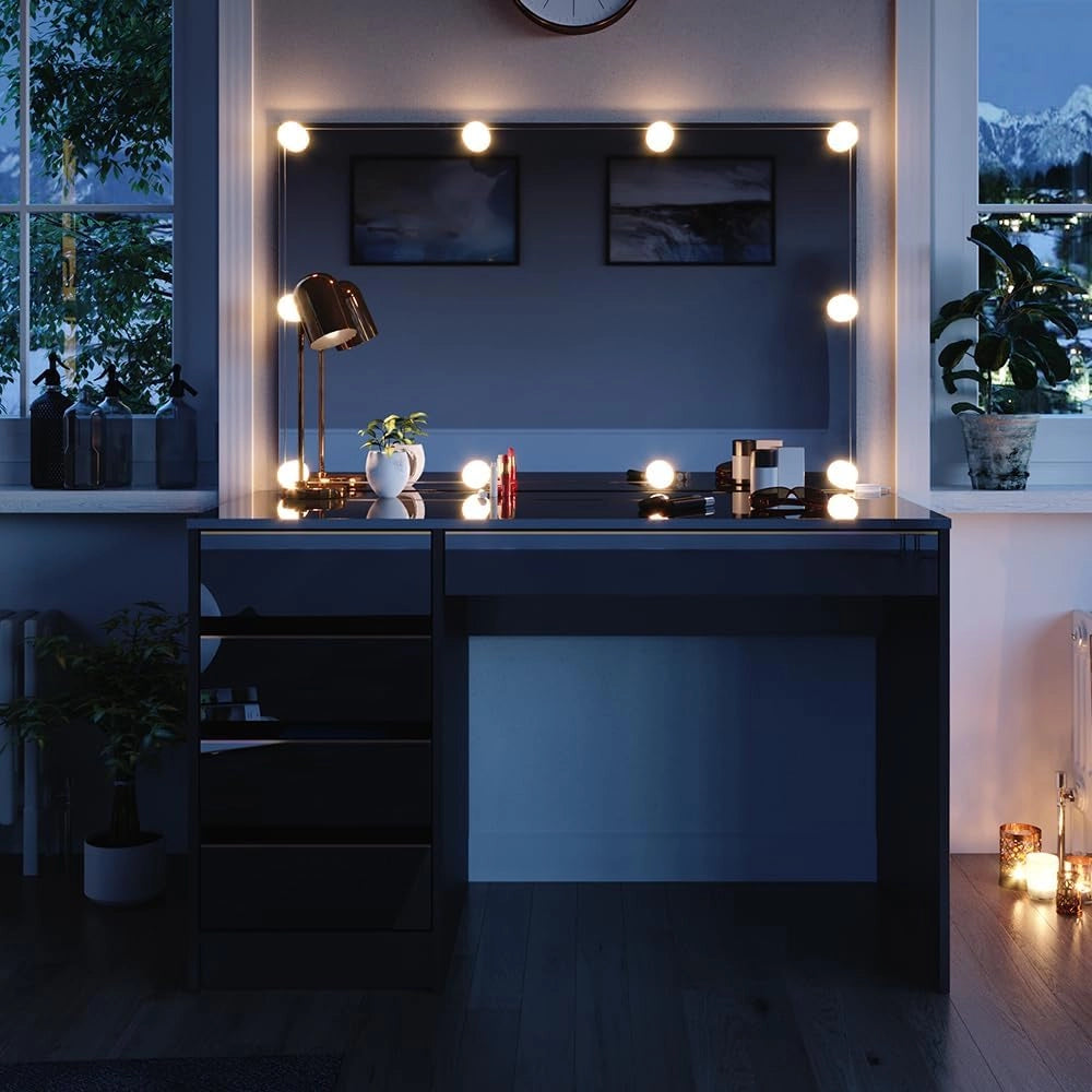 Vicco Set tavolino da toilette Sherry, Nero/oro, 120 cm con illuminazione a LED, con illuminazione LED e grande specchio rettangolare