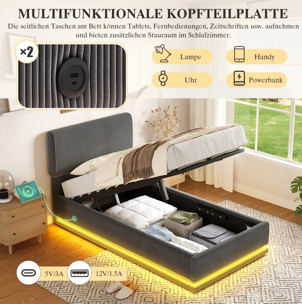 Letto imbottito 90x200 cm grigio scuro con LED e USB-C