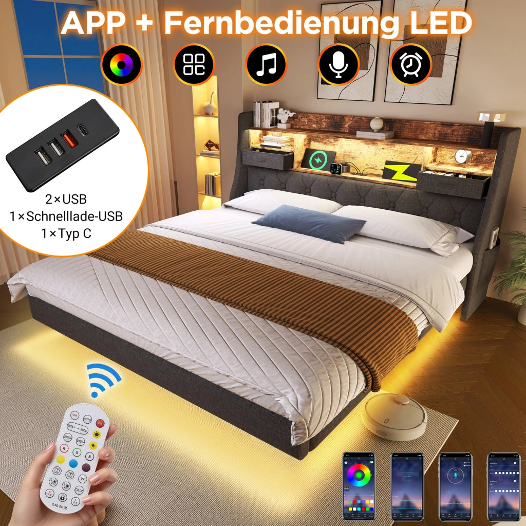 Letto matrimoniale imbottito con illuminazione LED e ricarica integrata
