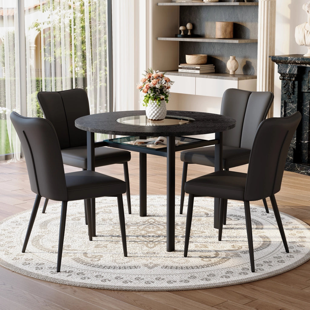 Tavolo da pranzo rotondo per 2-4 persone con piano in MDF e inserto in vetro, ripiano in vetro, nero, diametro 100 cm