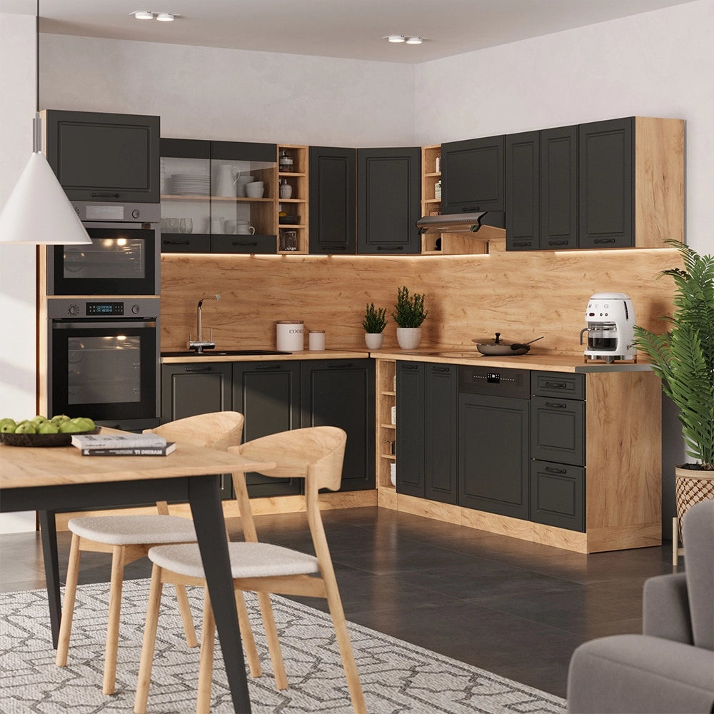 Cucina angolare completa R-Line Antracite rustico/Rovere dorato 247 x 237 cm, PL Antracite Vicco