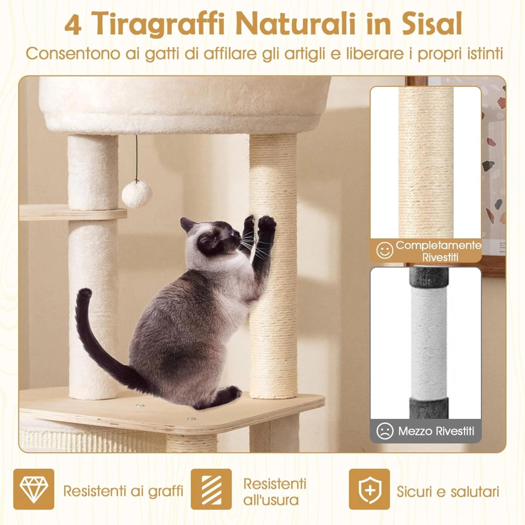 Albero per Gatti, Tiragraffi per Gattini in Legno Alto 143 cm con 2 Posti per Grattare in Sisal, Condominio, Piattaforma, Giocattolo Sospeso e Cuscino Lavabile, Mobile Moderno per Arrampicata