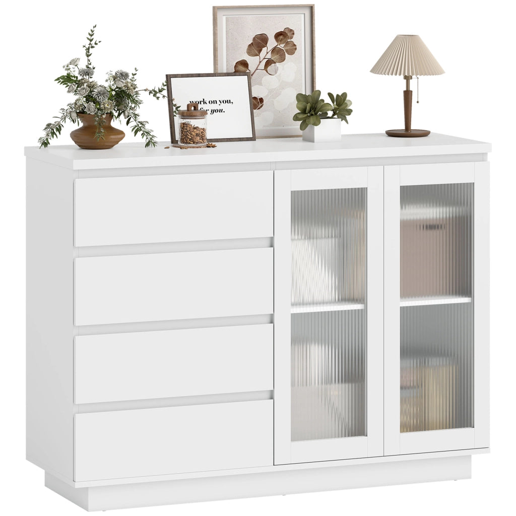 Credenza con 4 cassetti e 2 ante in vetro ¨C zephmum ¨C Bianco MDF 120x40x90