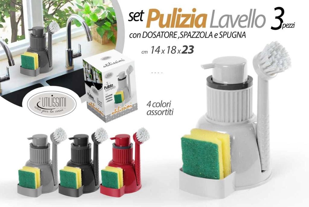 Set Lavello Dosatore Sapone con Portaspugna e Spazzola da Cucina 3 Colori