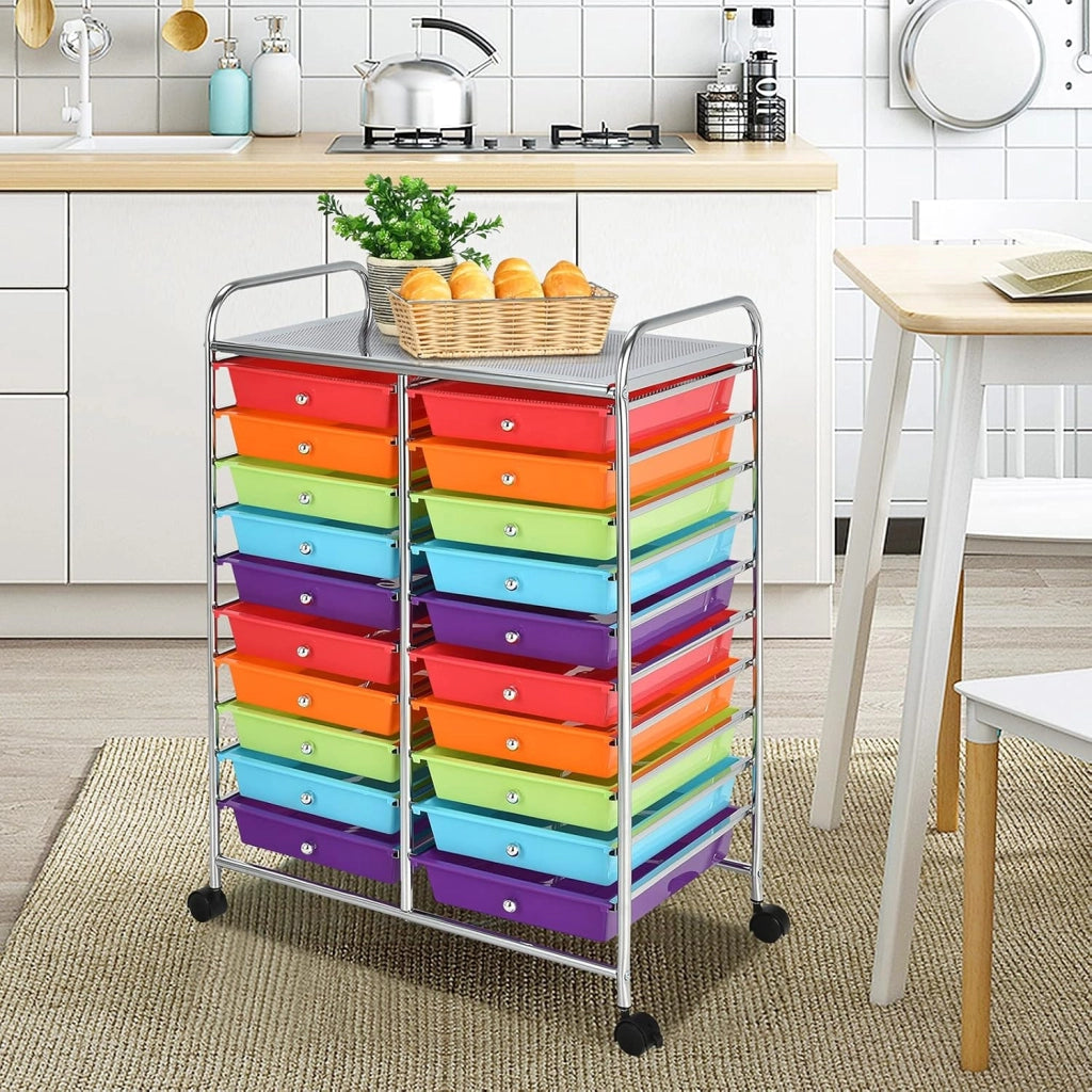 Carrello di Stoccaggio con 20 Cassetti, Carrello portaoggetti con 4 Ruote, Carrello Multiuso per Scuola Ufficio Cucina, 64 x 39 x 88 cm (Colorato)