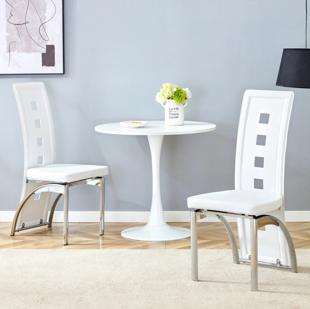 Set 2 sedie da pranzo con schienale traforato geometrico; 102;5 cm; PU bianco e metallo argento