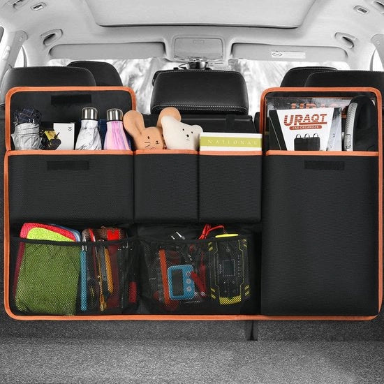 Organizzatore di bagagliaio per auto, 100 x 45 cm, grande borsa di stoccaggio per auto, borsa di bagagliaio, borsa impermeabile, organizzatore di sedile per auto con 6 cinture regolabili e 3 cinture di fissaggio