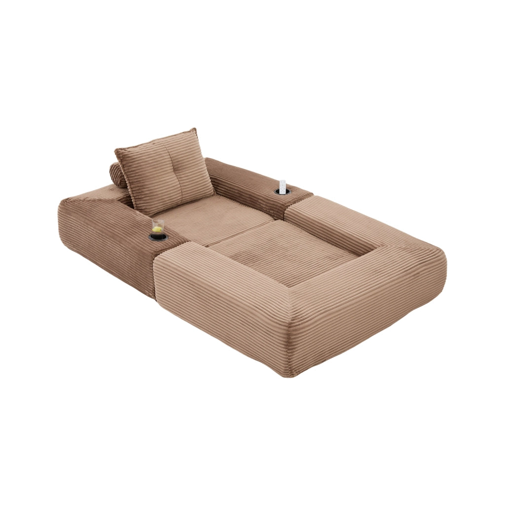 Divano letto modulare in cord con tasche laterali e portabicchieri - marrone - 122×98×80 cm