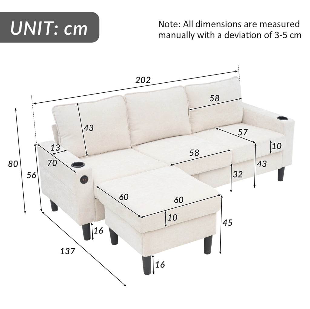 Divano imbottito beige a 3 posti con USB, Type-C e portabicchieri, divano angolare a L con pouf combinabile