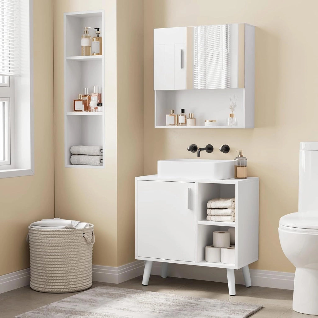 Mobile Bagno con Anta, Lavandino con 2 Vani a Giorno, Mobiletto da Bagno Freestanding, Legno Massiccio, Bianco, 60x30x60 cm