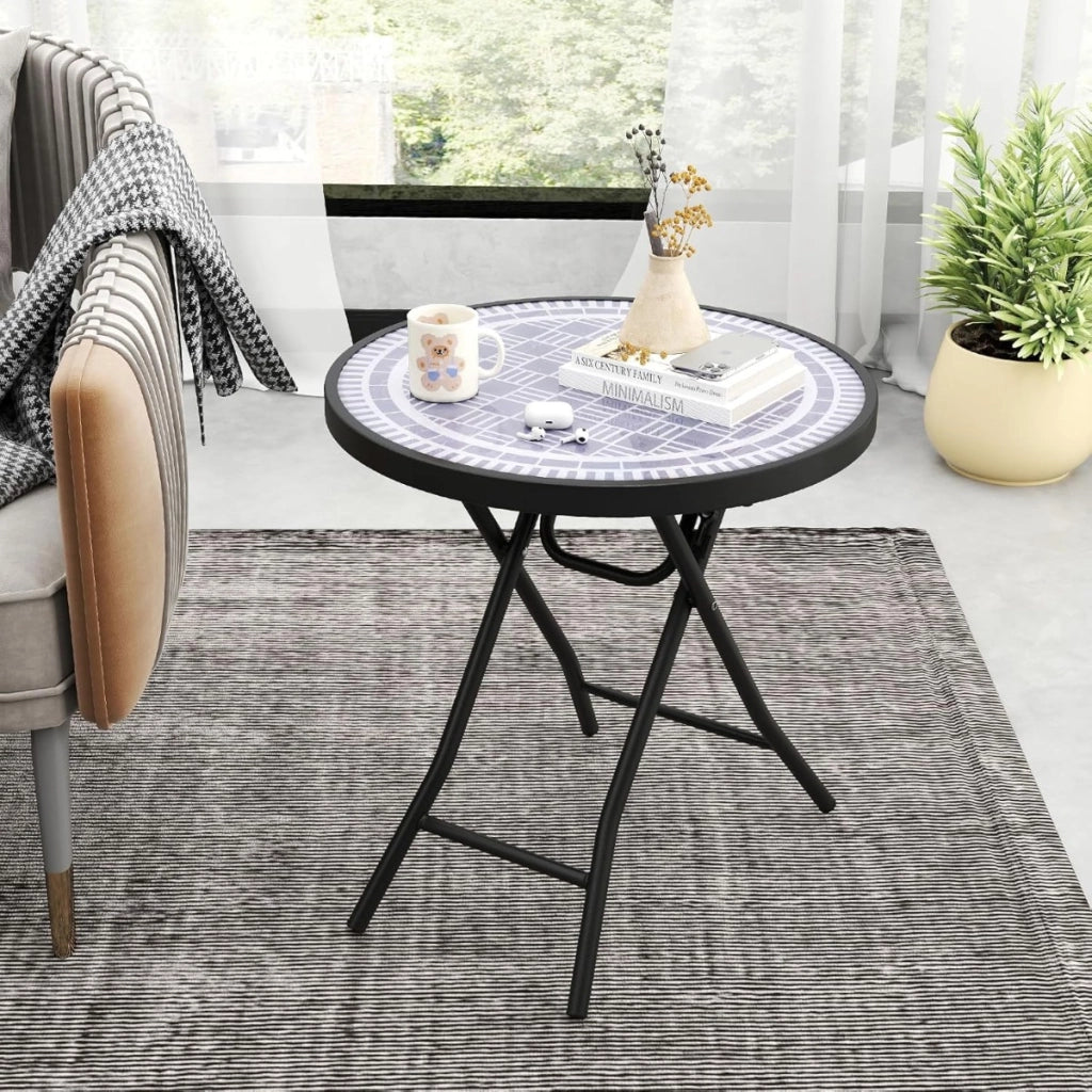 Tavolino pieghevole da 46 cm-Tavolino rotondo compatto da patio piano in vetro temperato Grigio