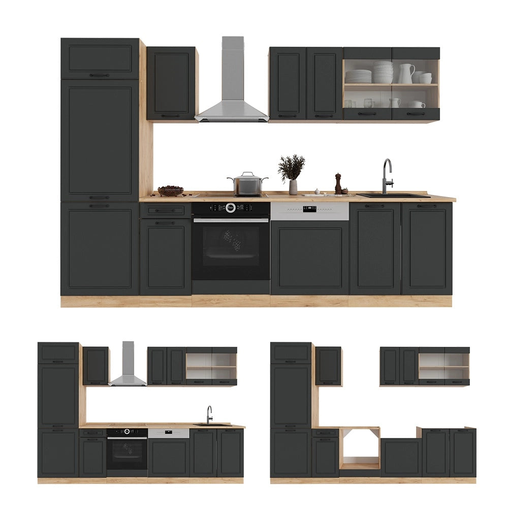 Cucina componibile R-Line Antracite rustico/Rovere dorato 300 cm, PL Rovere Vicco