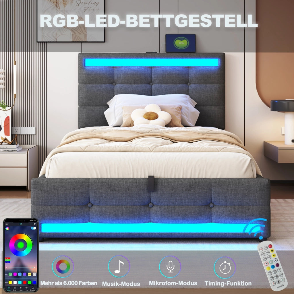 LETTO Imbottito 90x200 cm Grigio con LED RGB e porte USB
