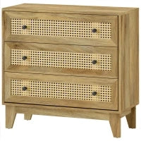 Cassettiera 3 Cassetti in Rattan Intrecciato, 80 x 35 x 76 cm, Legno naturale