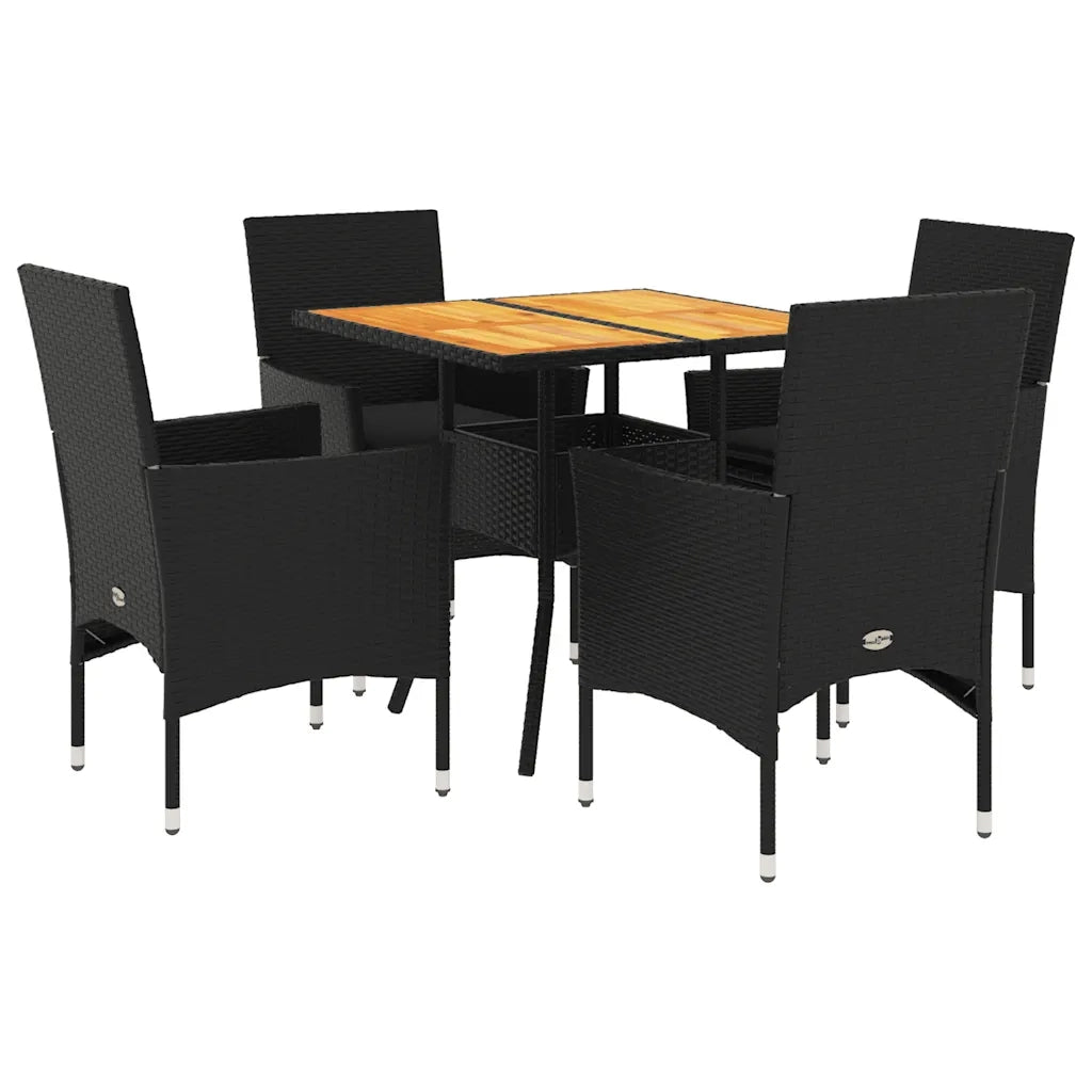 Set Pranzo da Giardino 5 pz | Set Salotto da Giardino con Cuscini Nero Polyrattan Acacia