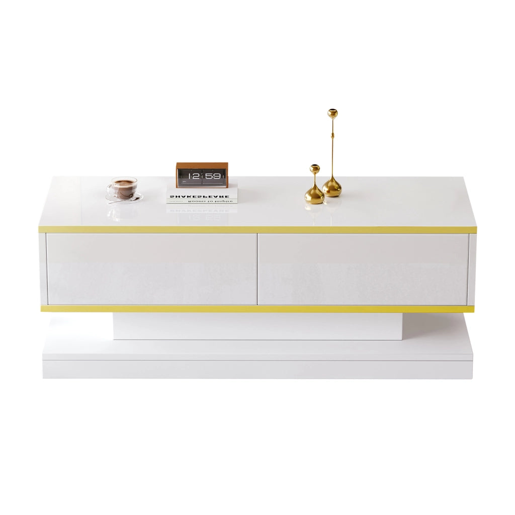 Tavolino da caffè con 2 cassetti - per soggiorno - in truciolato - 100x50x38 cm - bianco caldo e oro