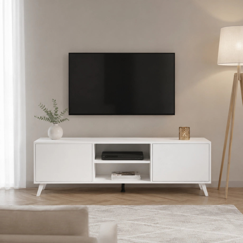 Mobile Porta Televisore Moderno Con 2 Ante Battenti Ripiani Aperti Centrali Design Minimal Per TV Fino A 75 Pollici Zona Living 180 X 39,6 X 49 Cm Bianco