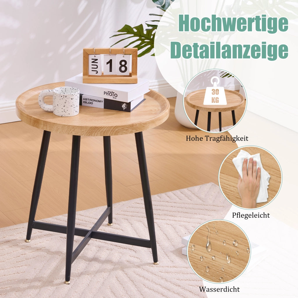 OKWISH Tavolino da Caffè Rotondo con Piano Compatto e Gambe in Metallo Incrociate, per Soggiorno e Camera, MDF, Legno Naturale, 55×55×60 cm