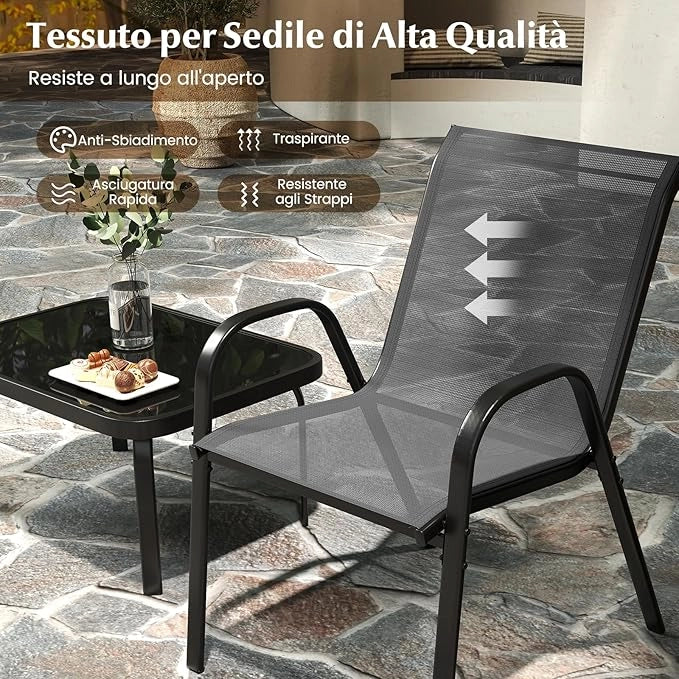 Set Tavolo e Poltrona da Giardino, Set di Mobili 4 Pezzi per Esterno, con Tavolino in Vetro Temperato, Panca e 2 Poltrone, per Giardino Balcone Piscina (Grigio)