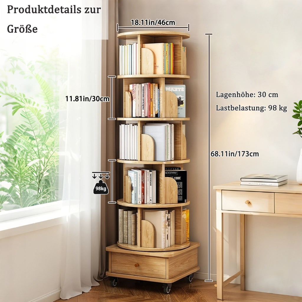 Libreria girevole 360° con ruote e cassetto, colore legno, salvaspazio per casa e ufficio