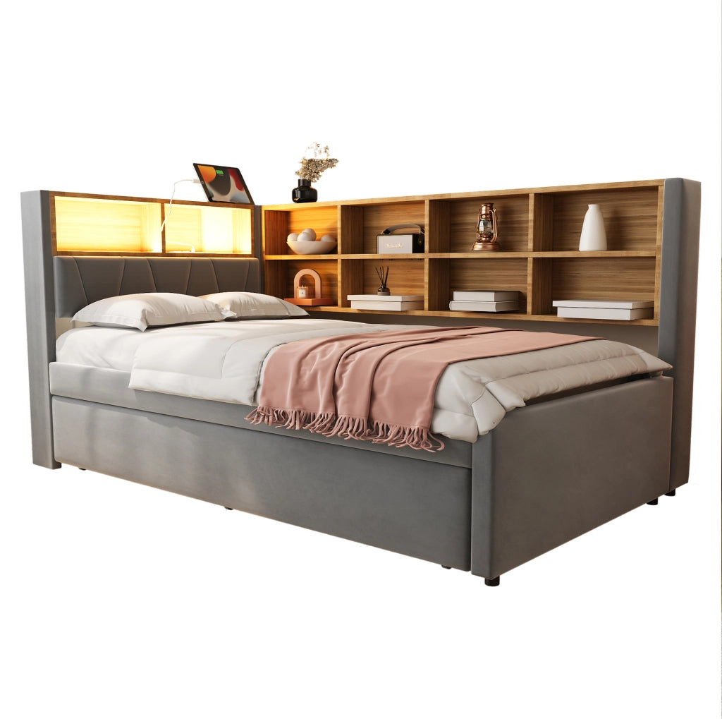 Divano letto singolo con letto estraibile, LED e vani contenitivi