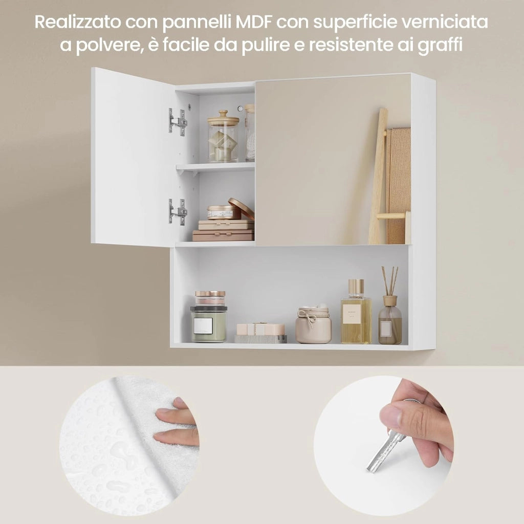 Armadietto da Bagno con Specchio e Anta, Mobiletto Sospeso con 5 Scomparti, Pensile da Cucina, Soggiorno, Camera da Letto, in MDF e Metallo, Bianco