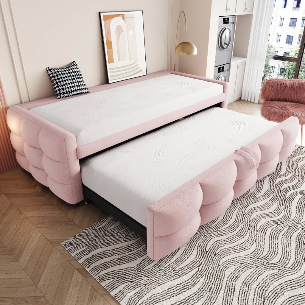Letto imbottito estraibile combinato 90/180 x 190 cm, velluto Teddy, rosa, con rete a doghe
