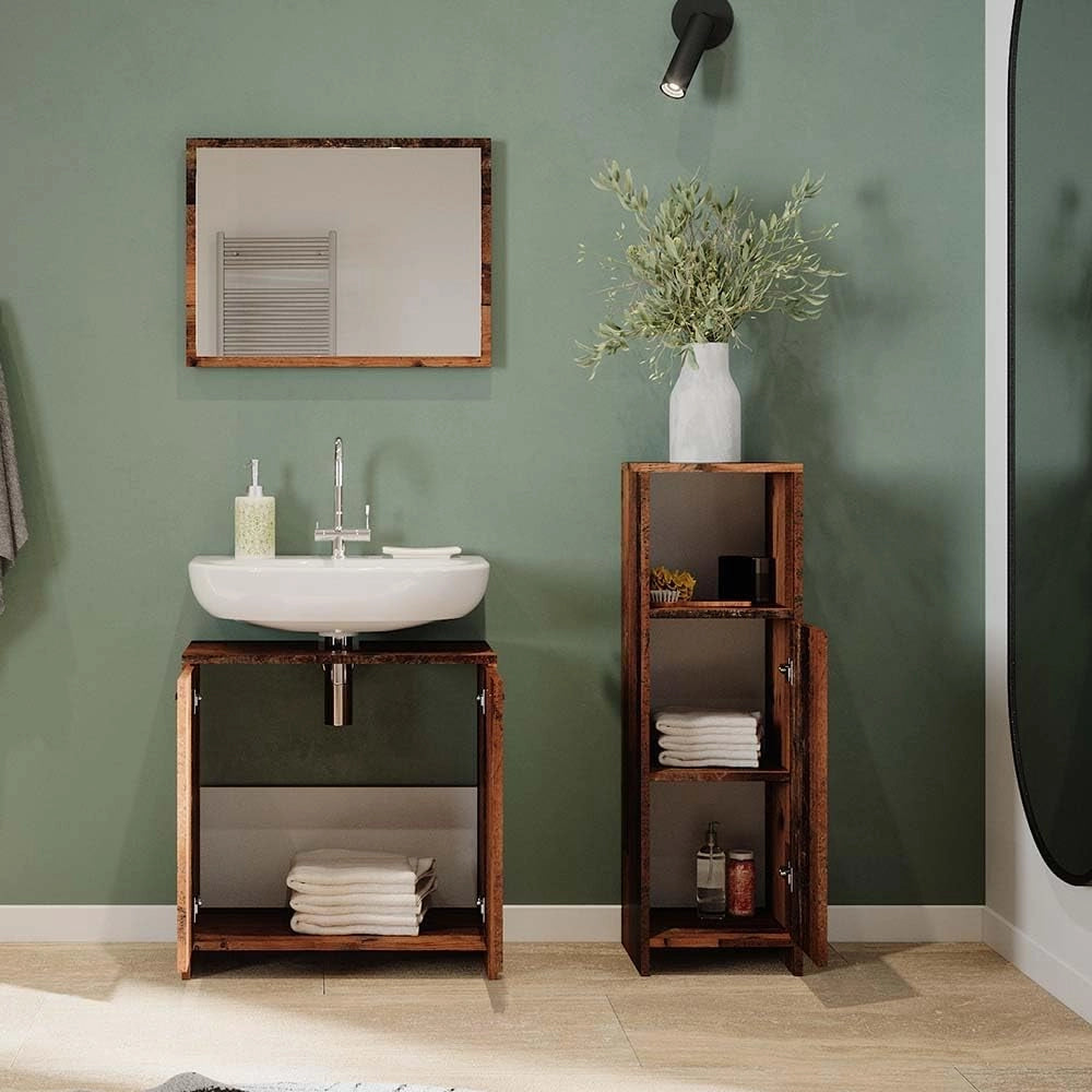 Set mobili bagno Kiko, Rovere rustico, 58 cm, composto da mobile sottolavabo, specchiera e mobile medio