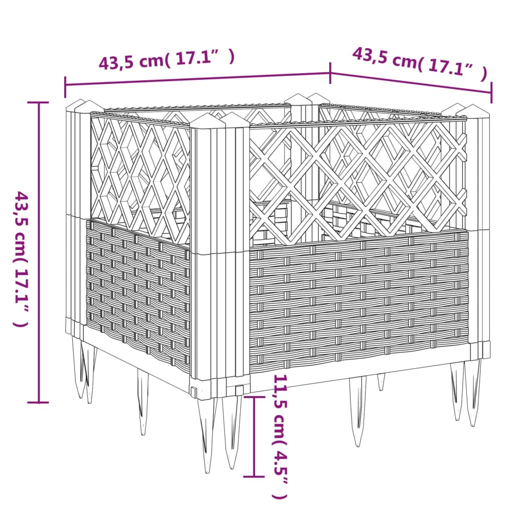 Fioriera rialzata per piante fiori patio giardino con picchetti 43,5 x 43,5 x 43,5 cm PP grigio 02_0038202