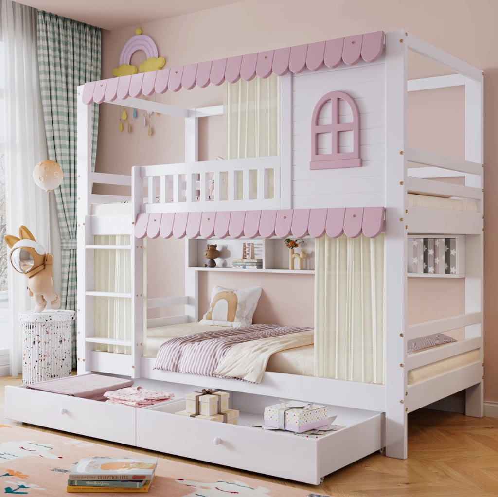 Letto a castello 90x200 cm con cassetti; ripiani e scala in legno bianco e rosa