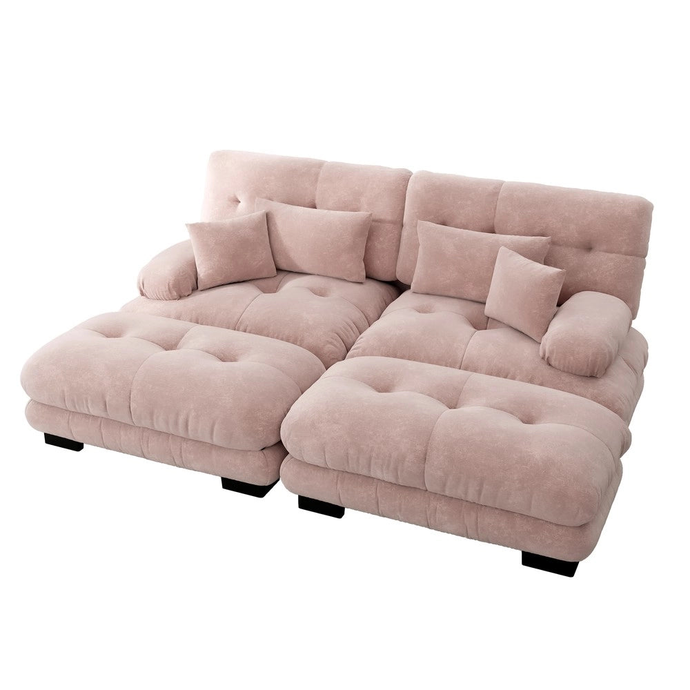 Divano angolare con poggiapiedi ¨C Minimal ¨C rosa chenille imbottito con braccioli e cuscini