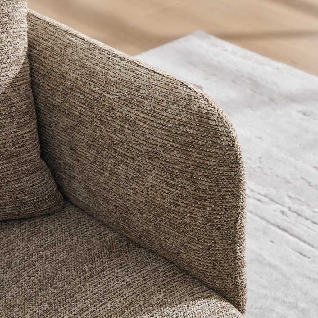 Poltrona moderna in ciniglia con tavolino laterale e tasche portaoggetti, colore khaki