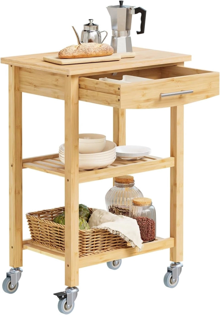 Carrello da Cucina in Bambù Carbonizzato – Carrello Cucina in Legno con Ruote, Antibatterico, Resistente all’Umidità, Inodore, Ideale per Cucina, Sala da Pranzo e Casa 58×40×86 cm FKW135-N