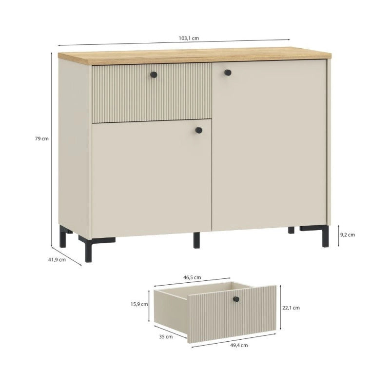 Madia Unit 2 ante e 1 cassetto cannettato L 103.1 x P 41.9 x H 79 cm. colore cashmere con top rovere