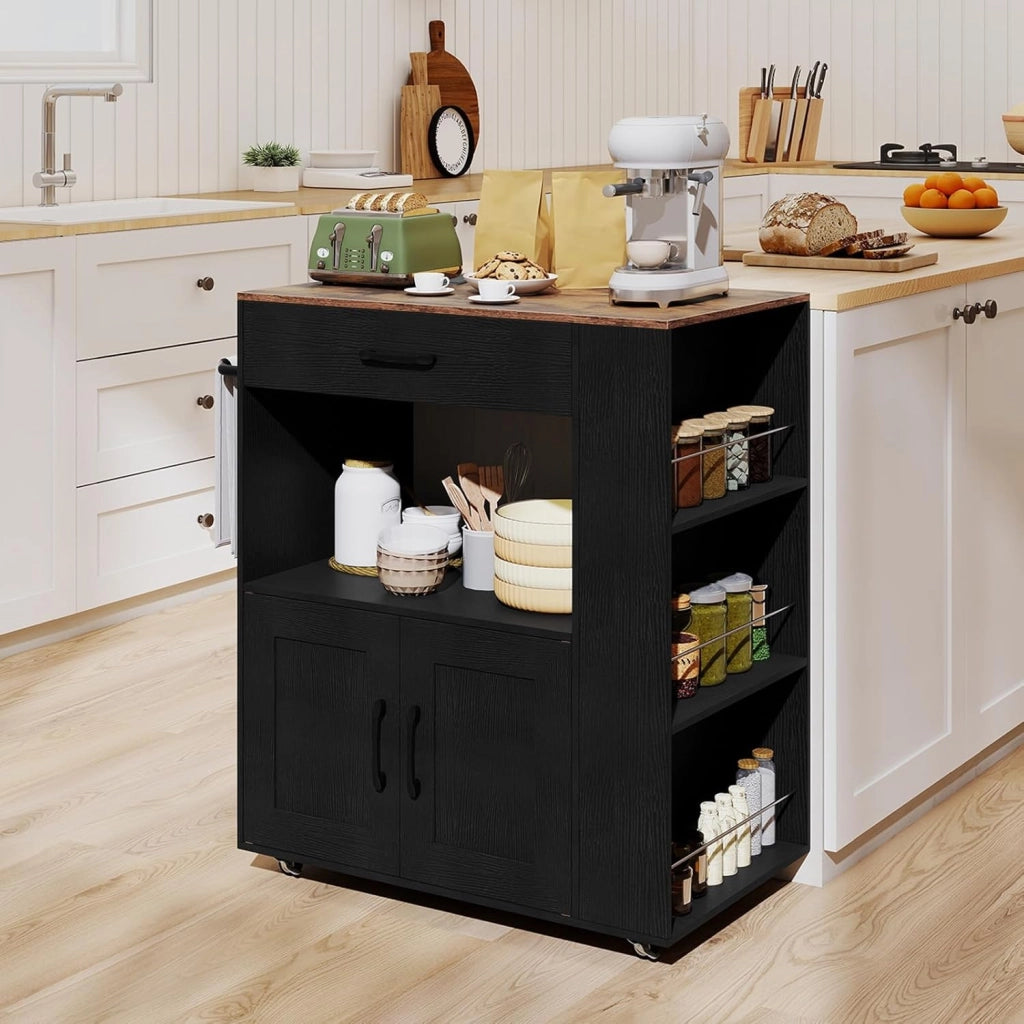 Carrello da Cucina con Ruote, Isola da Cucina con 3 Portaspezie 1 Cassetto Armadietto a 2 Porte, Carrello Portaoggetti con Portasciugamani,82x46x92 cm (Nero, con presa)