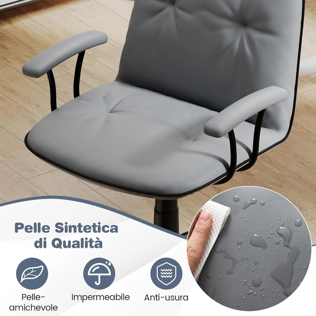 Sedia Ufficio Ergonomica con Altezza Regolabile, Poltrona Scrivania Girevole, Sedia con Braccioli Imbottiti e Ruote, Funzione Dondolo, per Ufficio Scrivania Studio (Grigio)