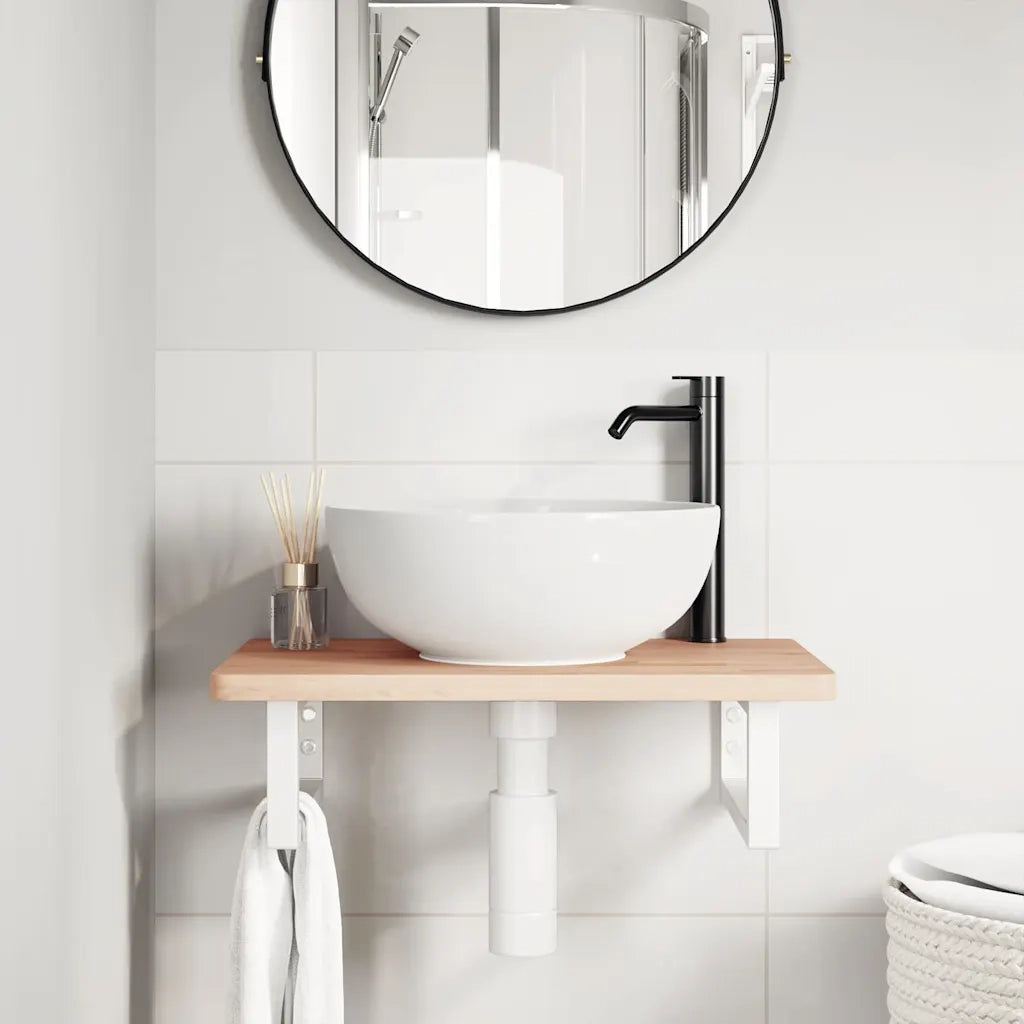 Ripiano a Parete per Lavabo in Acciaio e Massello di Faggio