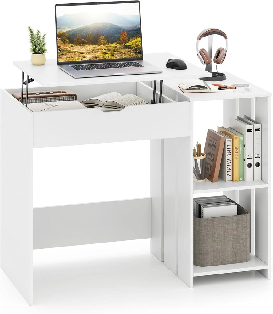 Scrivania per computer in legno con piano sollevabile, tavolo da lavoro con 2 ripiani aperti e 1 scomparto nascosto, 100 x 49 x 75 cm, scrivania moderna per ufficio, studio (bianco)