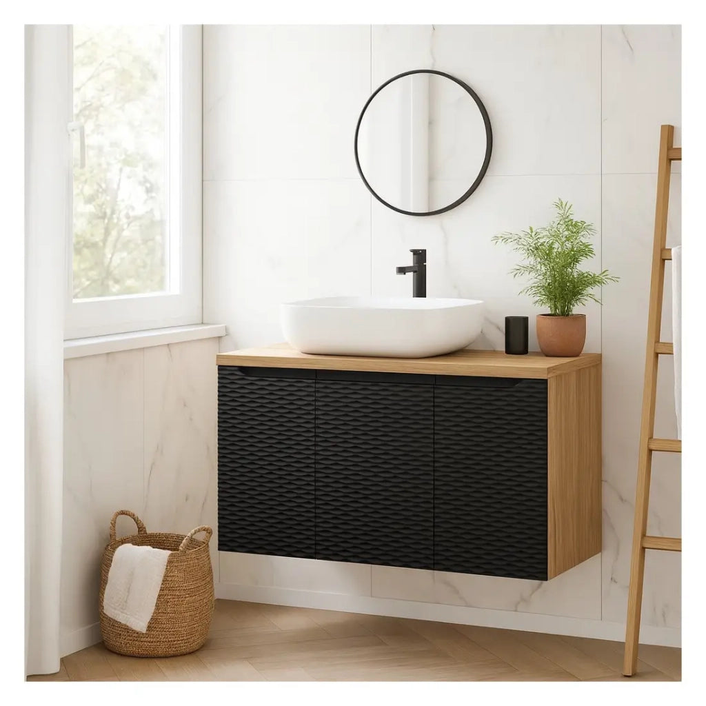 Set da bagno YOKA nero: mobile sottolavabo con armadietto 90cm + piano per lavabo + lavabo da appoggio