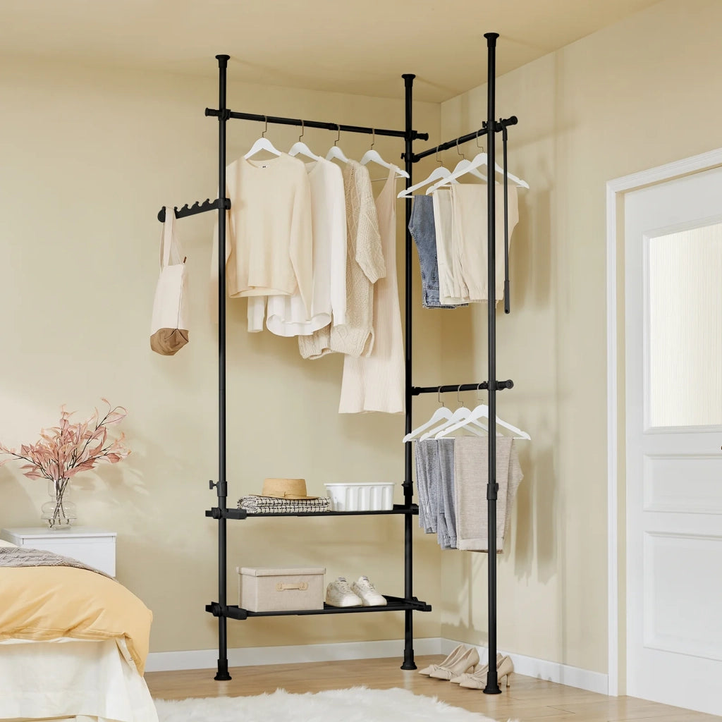 SoBuy FRG34-II-SCH, Telescopic Appendiabiti da Terra, Robusto Stand Appendiabiti con Aste e Ripiani, Armadio Aperto Regolabile per Camera da Letto, Porta Abiti Nero