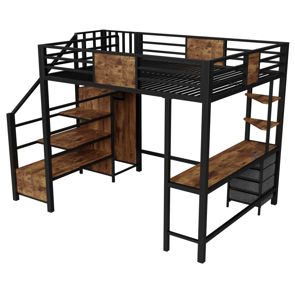 Letto a soppalco 140x200 cm in metallo con scrivania, ripiani, barra appendiabiti, LED e presa europea, colore nero