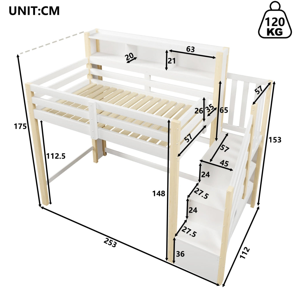 Letto a soppalco 90x200 cm con LED, scala contenitiva e vani aperti