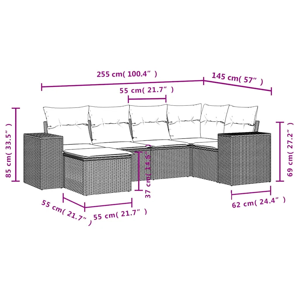 Set Divano da Giardino 6 pz con Cuscini Nero in Polyrattan 3222855