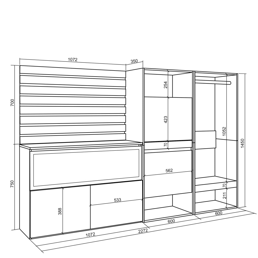 Credenza, 227x35x145cm, Camera da letto, Camino elettrico XXL, Scarpiera, Armadio Aperto, colore Rovere RF3398