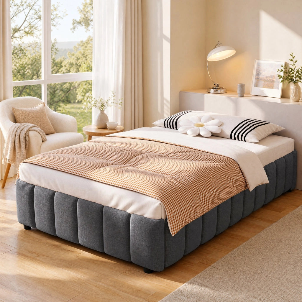 Letto imbottito singolo 90x200 cm con contenitore idraulico grigio