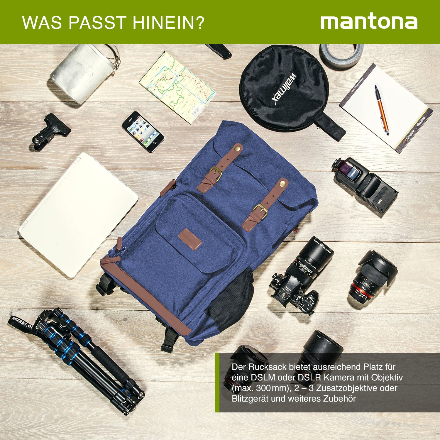 Mantona Luis Retro Zaino fotografico blu, per fotocamera con copertura antipioggia, borsa fotografica con scomparto per laptop, DSLR, 3 obiettivi e accessori fotografici