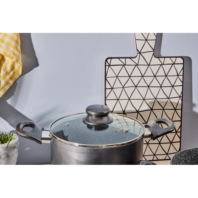 Set di 2 Batteria 7pz Greta Alluminio Stampato Fondo Induzione Interno Effetto Marmor