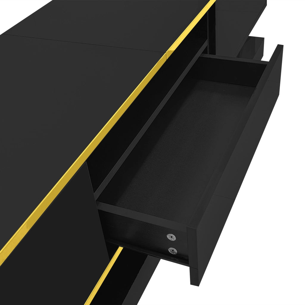 Mobile TV 180x38x45 cm con 3 cassetti e LED multicolore in pannello di particelle nero e oro