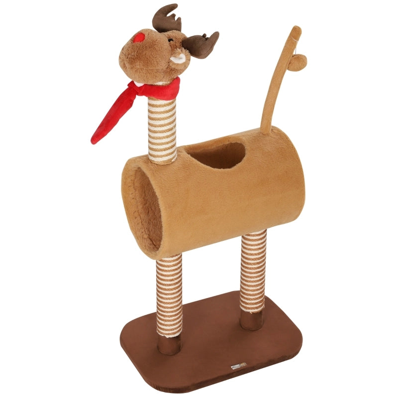 Albero tiragraffi per gatti 98 cm con design cervo, tunnel, palla gioco, marrone